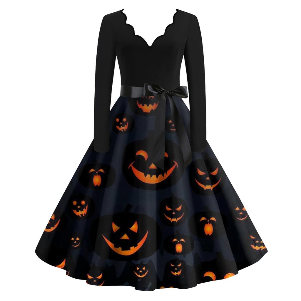 Расклешенное платье с принтом Хэллоуина для женщин Платье с длинным рукавом Повседневные платья