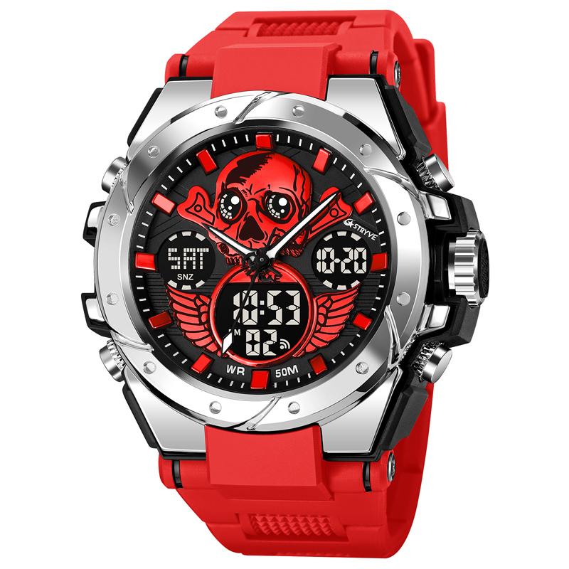 New STRYVE Men's Watch Creative Skull Design Digital-Analog Dual Display Watch Calendar Week Stopwatch Multifunction Watch S8008