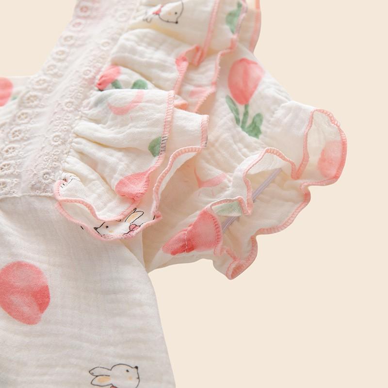 Cotton Gauze Kids Pajama Set Girls Short Sleeve Sleepwear Lightweight Open-Front Home Outfit