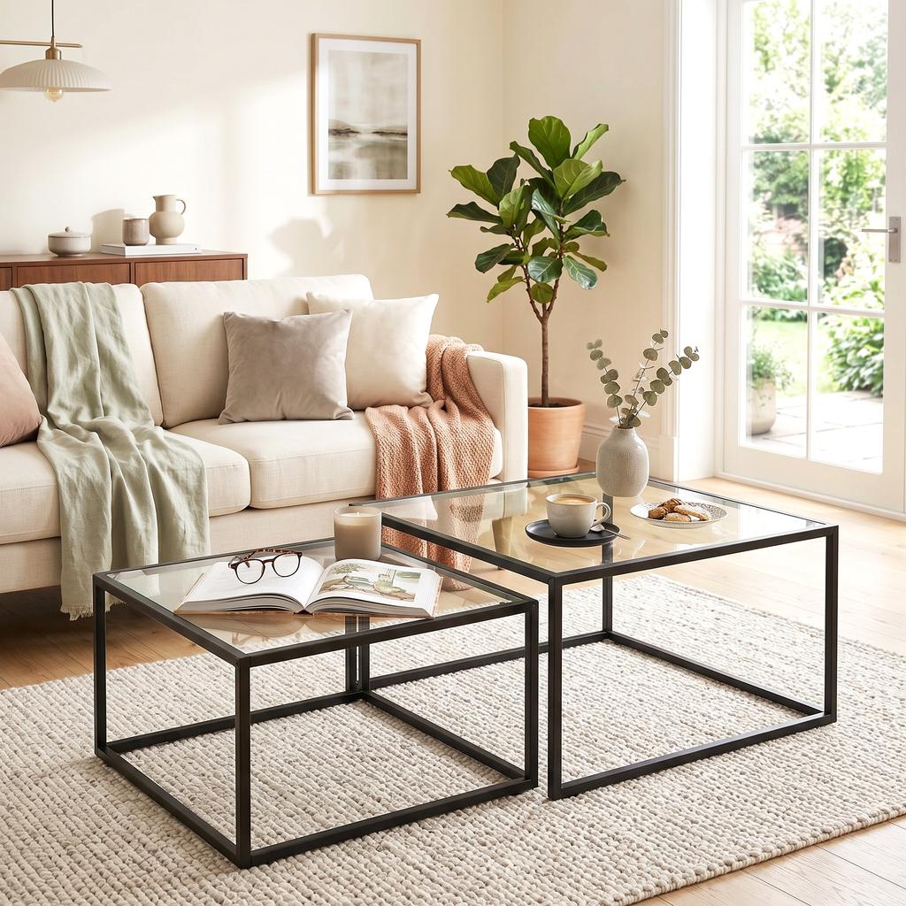 Coffee Tables Set of 2 Round Nesting Table with Tempered Glass Top and Metal Frame, for Living Room Black