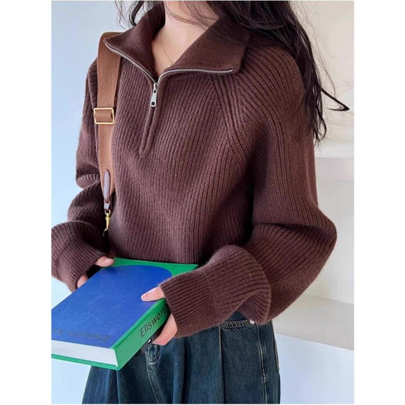 Design Sense Half-turtleneck Ladies Zipper Red Sweater, Spring and Autumn New High-waisted Sweater Loose and Thickened 6974#