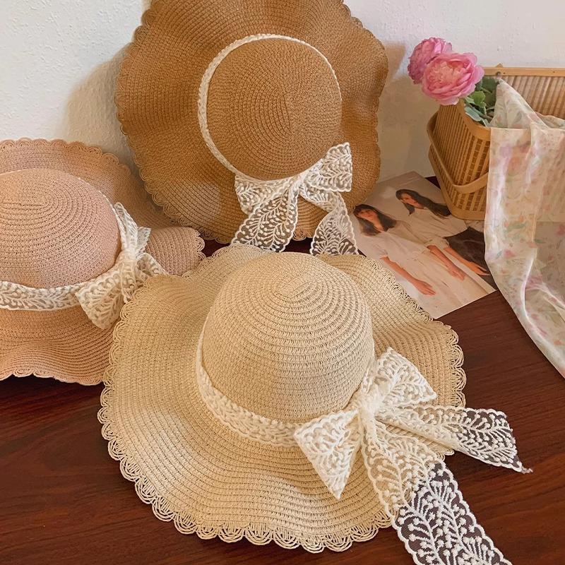 Women's Summer Outdoor Large Brim Sun Protection Fashionable Seaside Beach Sunshade Lace Straw Hat