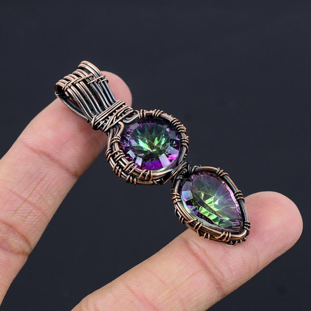 Подвеска с радужным мистическим топазом, ювелирное изделие из самоцвета, обернутое медной проволокой 999 пробы, подвеска ручной работы, на День благодарения