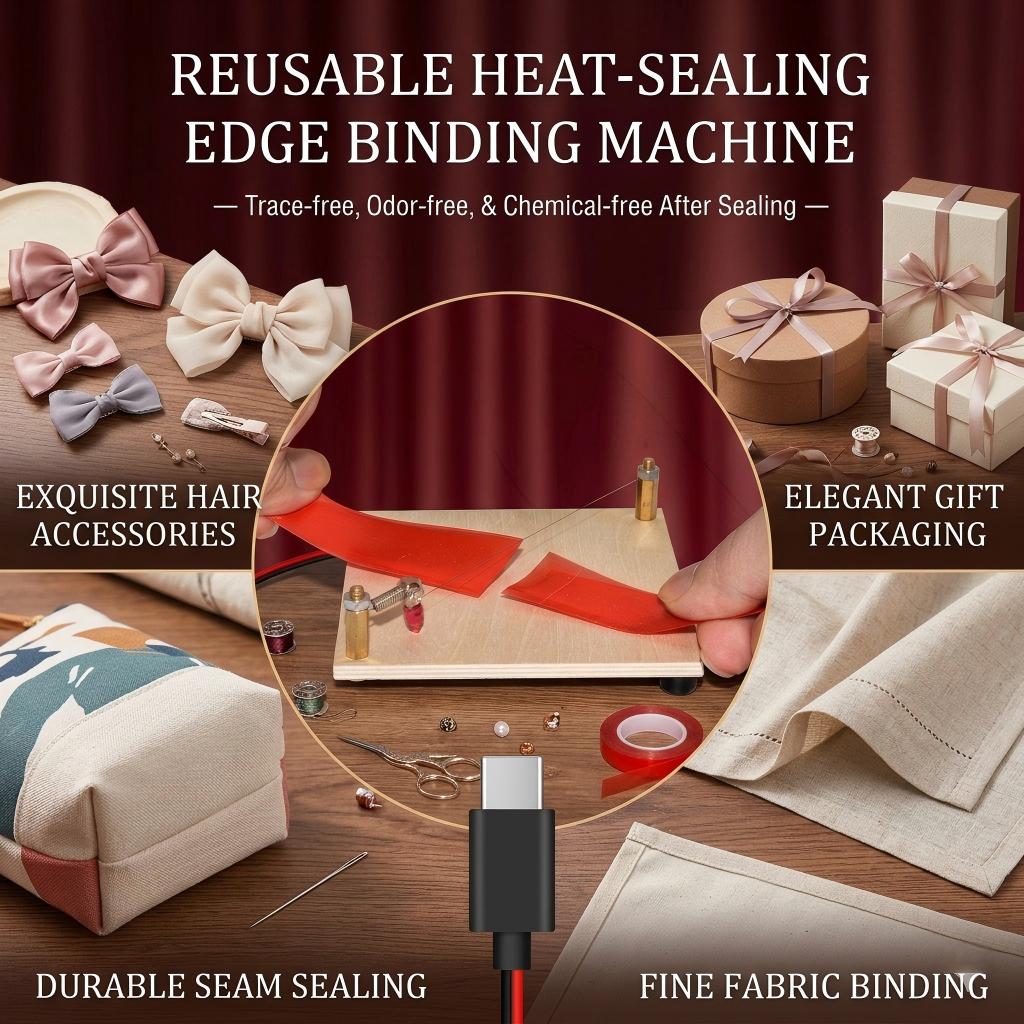 Mini hot stamping and overlock sewing machine USB powered DIY hair accessory and holiday gift wrapping tool.