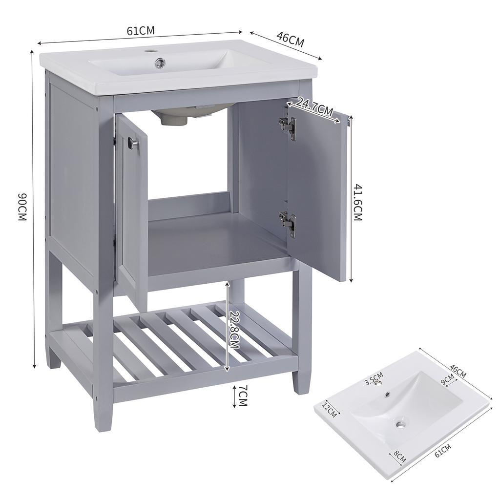 Bathroom Furniture Single Vanity with Base Cabinet 60cm with Ceramic Washbasin, Light Gray