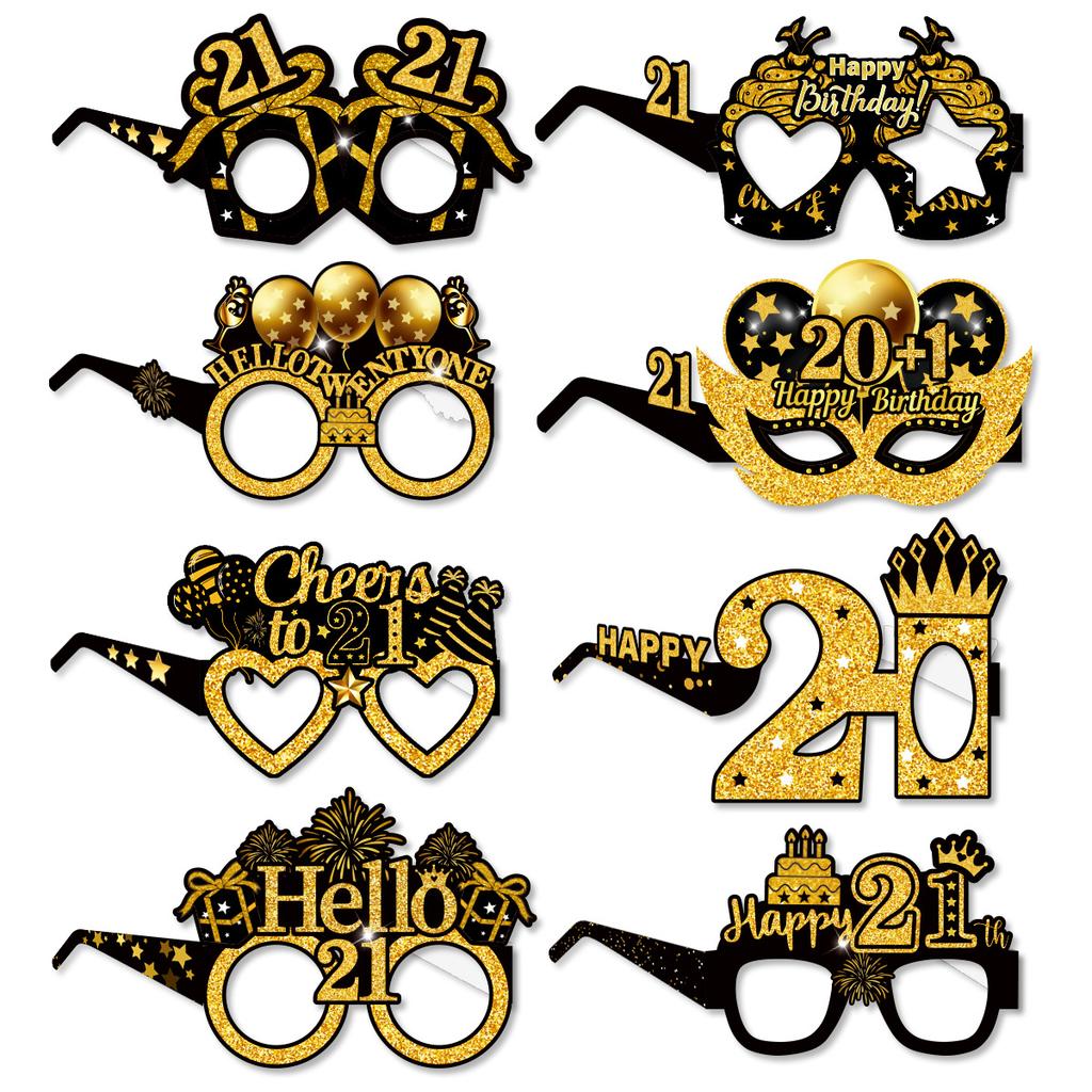 16pcs Amazon's new product birthday party decoration paper glasses - black and gold 18-year-old and 60-year-old birthday photo props glasses