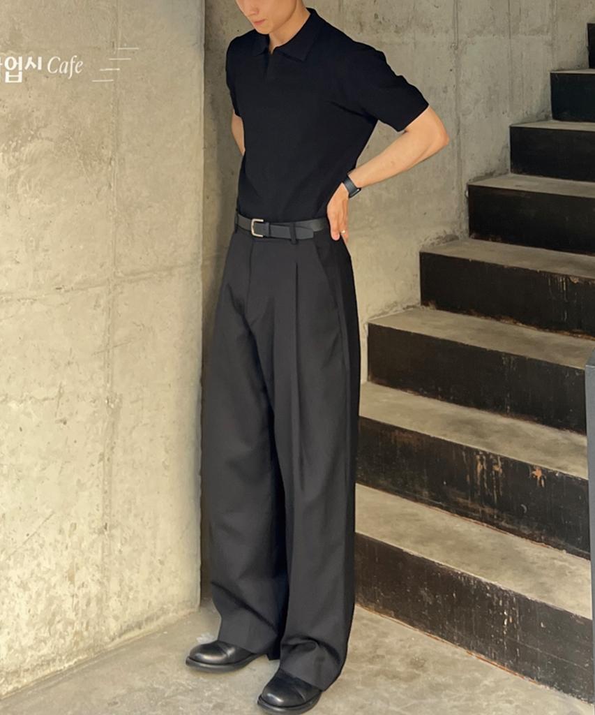 HERVINO Essential Muscle Fit Open Collar Short Sleeve Knit [Black]