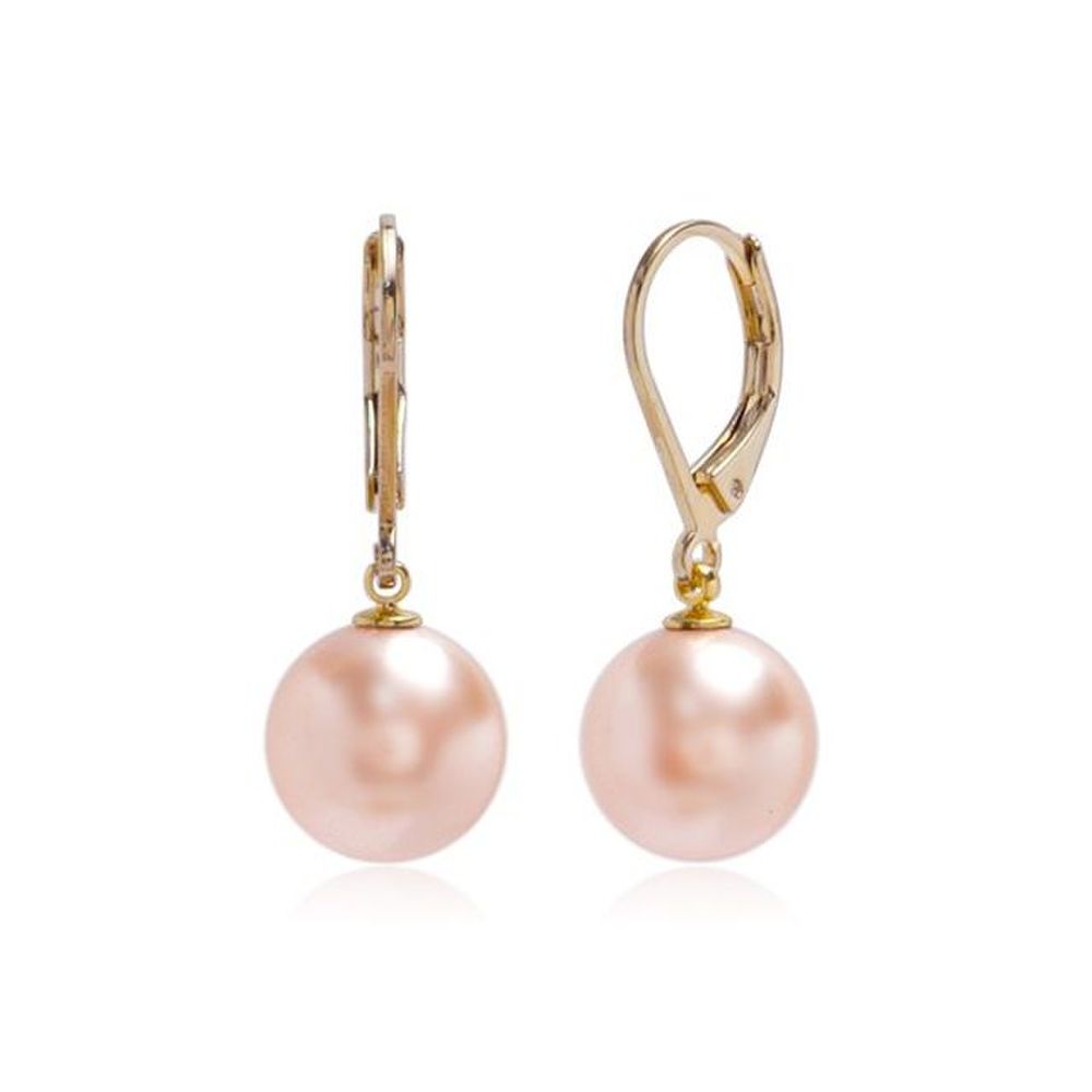 E457 10mm Peach Pearl Austrian Gold Leverback Earrings