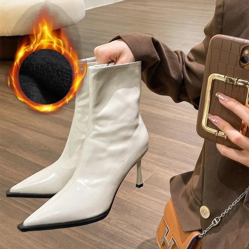 Мода осень зима короткие плюшевые женские ботильоны модные заостренные носки женские элегантные туфли челси туфли на тонком каблуке короткие сапоги