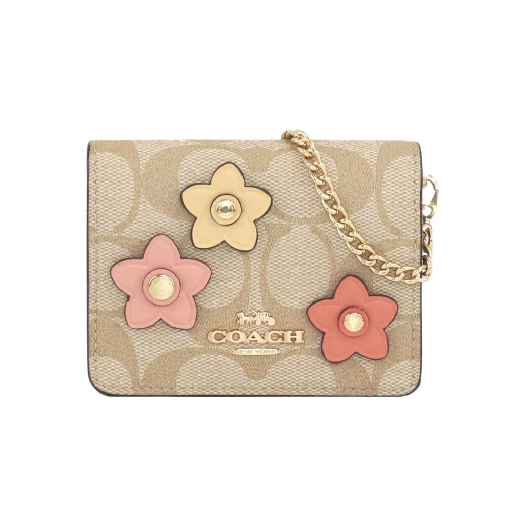 Coach Классический кожаный кошелек-кроссбоди на цепочке с цветочным принтом Monogram, мини-кошелек женский, хаки CH620-IMOT4