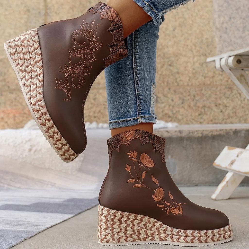 Fashion Women Fashion Leather Embroidered Ladies Round Toe Autumn Winter Warm Shoes Vintage Diamond Chelsea Wedges Ankle Boots Botines