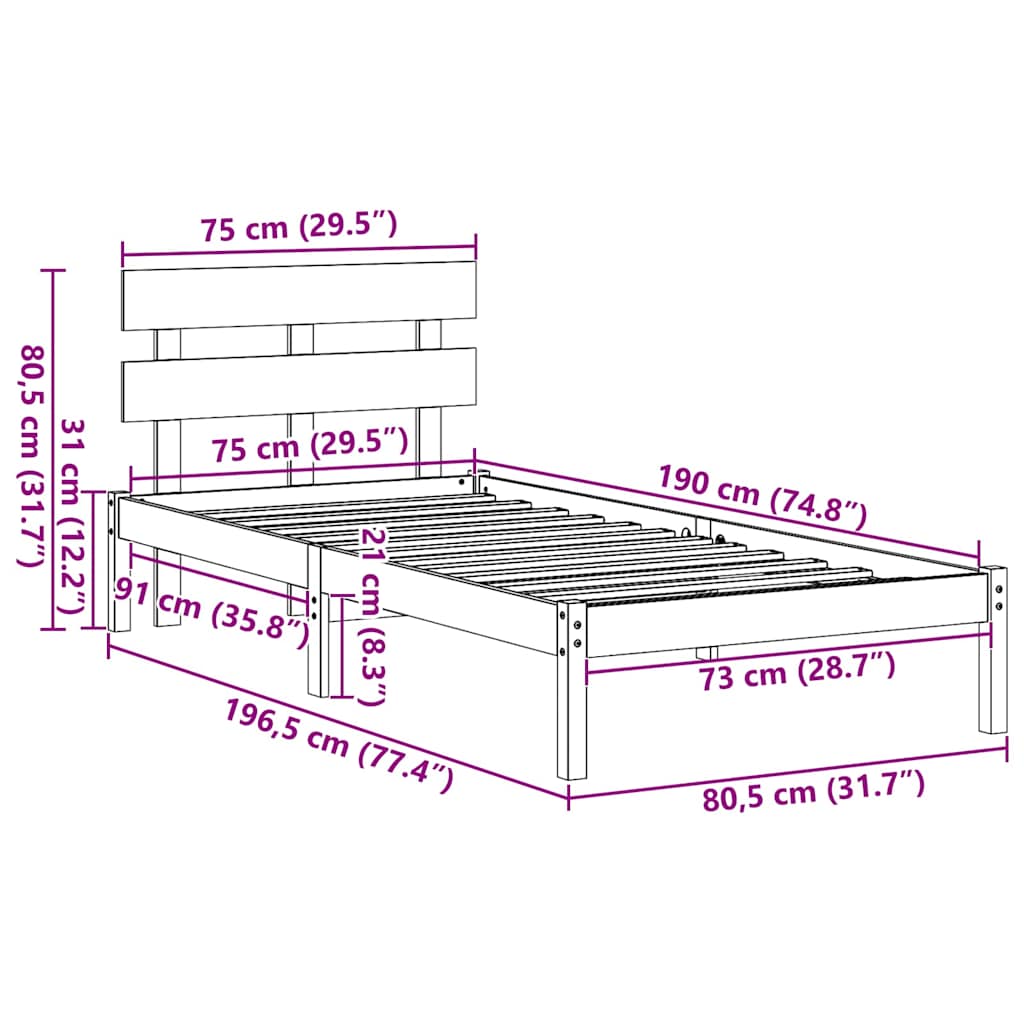 Brown Bed Frame with Headboard 75 x 190 cm Solid Pine Wood