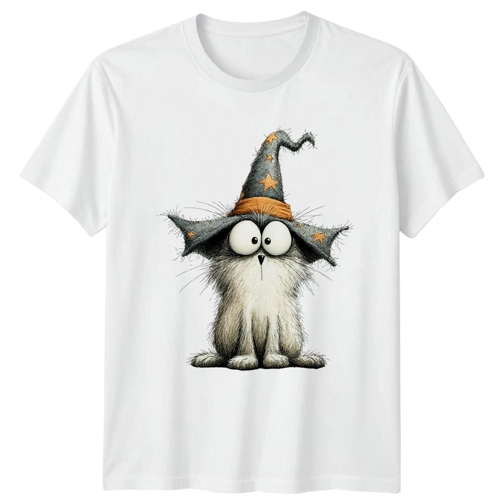 Cartoon Cat Wizard Hat Animals Cats Mens T-Shirt Womens Tee Graphic Unisex Top