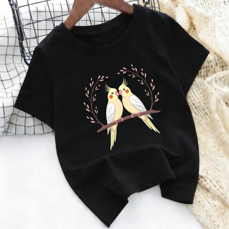 Cute Parrot Print Kids' T-Shirt for Boys and Girls, New Spring/Summer Style, Round Neck Cartoon Bird Top
