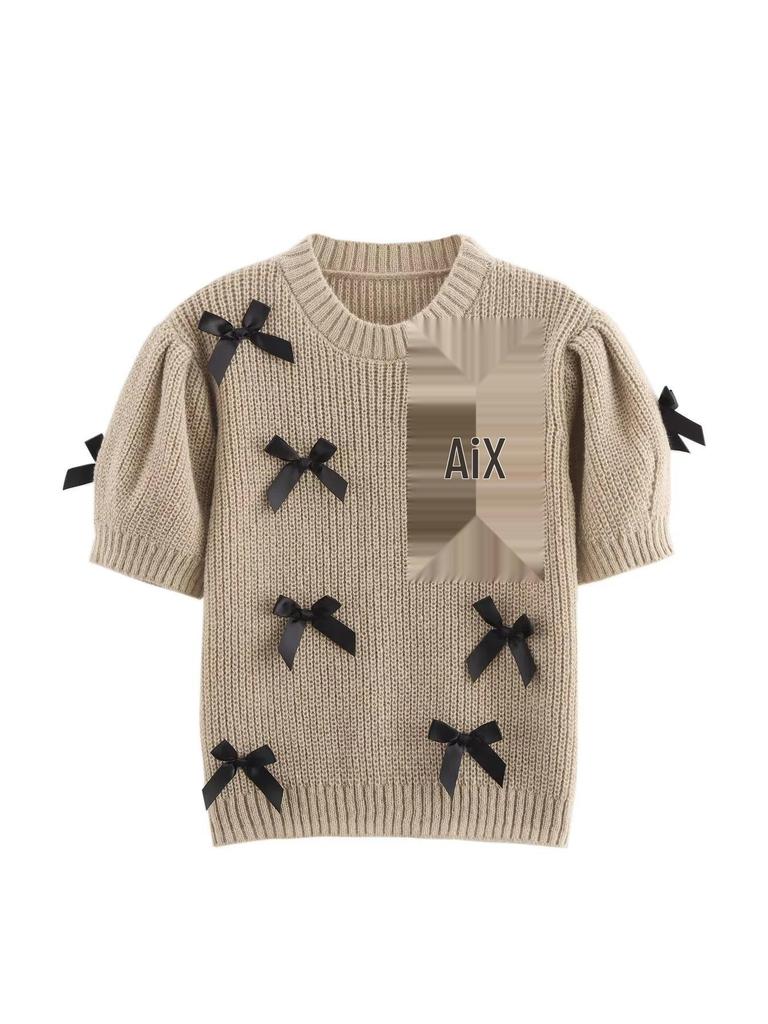 2025 Весна/Лето Женский Повседневный Однотонный Свитер с Круглым Вырезом и Коротким Рукавом-Фонариком