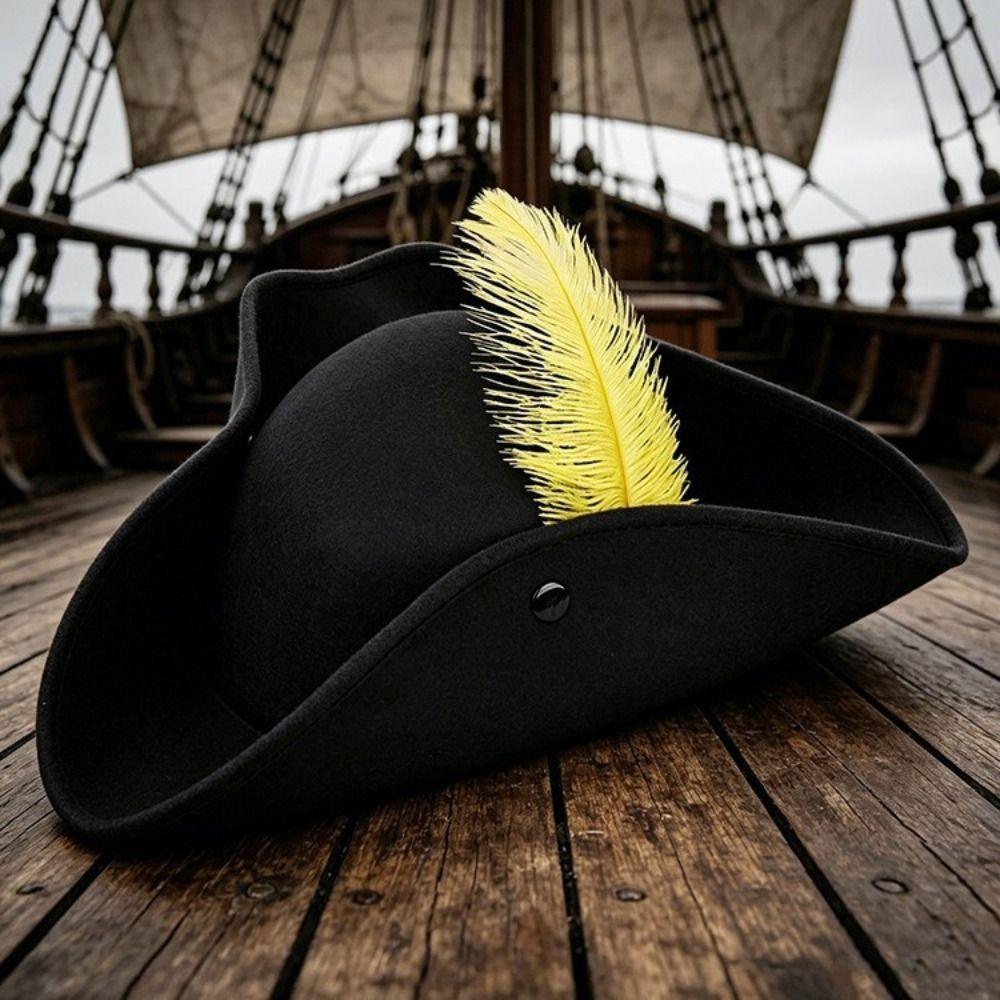 Wide Brim Tricorn Hat Feather Decorated Costume Hat Unisex Fashionable feather hat Halloween Party