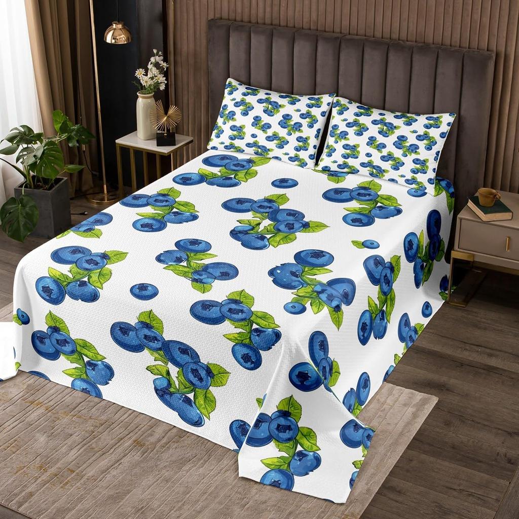 Cartoon Blueberry Bedspread Summer Tropical Fruit Quilted Coverlet Watercolor Botanical Leaves Flower Bedding Set for Teen Adult