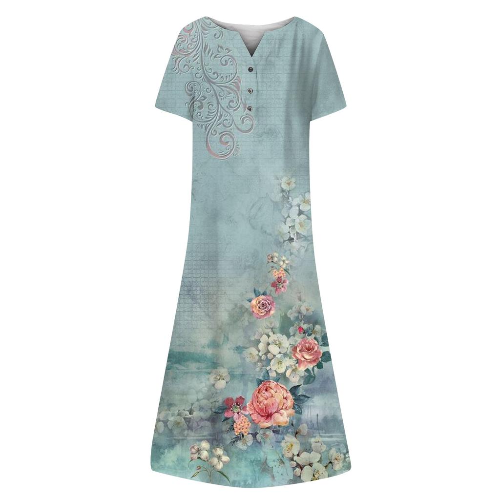 Summer Dress For Women 2023 Casual Printed V-Neck Short-Sleeve Beach Swing Dress