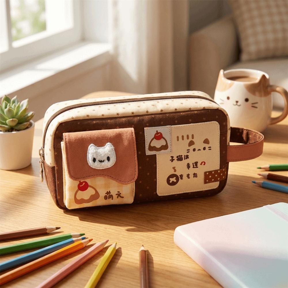Large Capacity Pen Pouch Canvas Pencil Pouch Cartoon Cat Print Pencil Case Desktop Organization