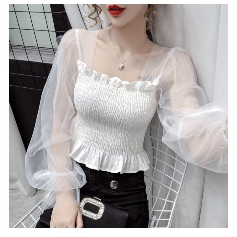 Mesh Puff Sleeve Elastic Waist Women Blouse Square Neck Cropped Top Black White Sweet Fairy Style Lace Up Bow Spring Summer