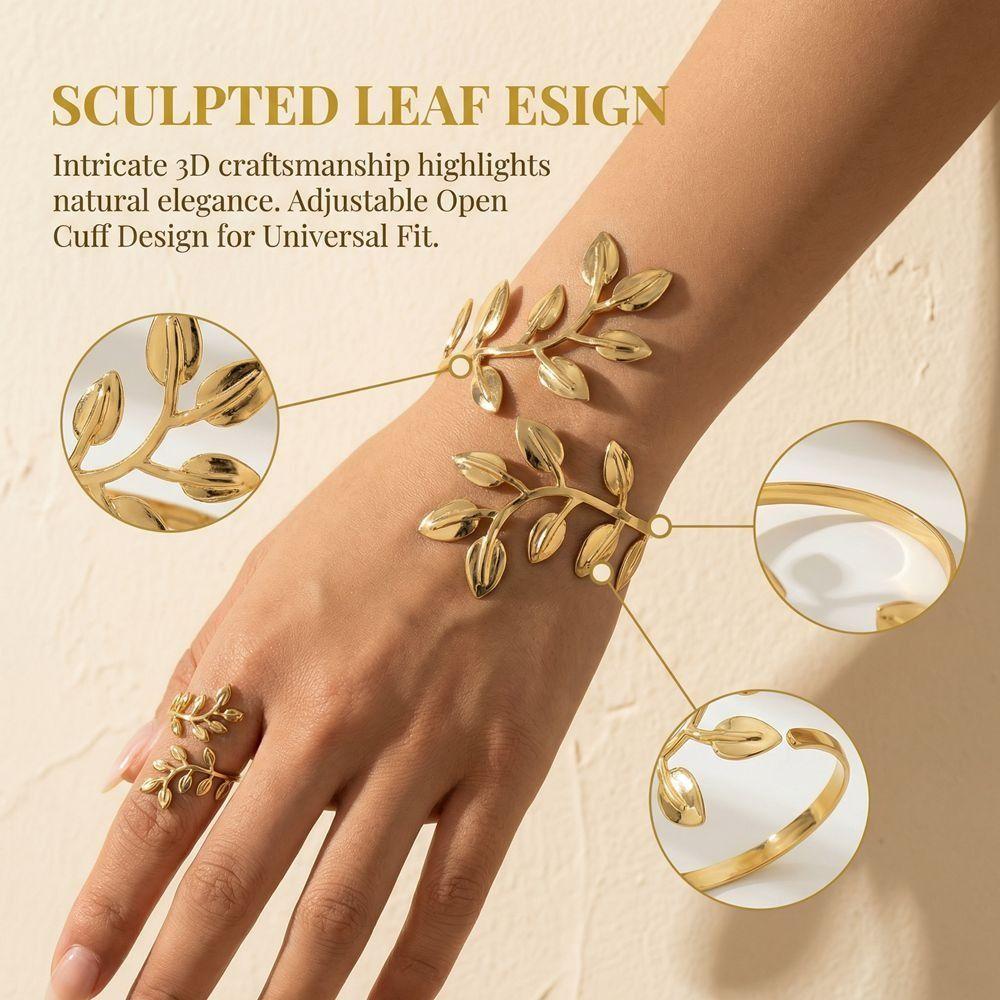 Gold Leaf Upper Arm Cuff Open Jewelry Set Luxury Armband Ring Set Wedding