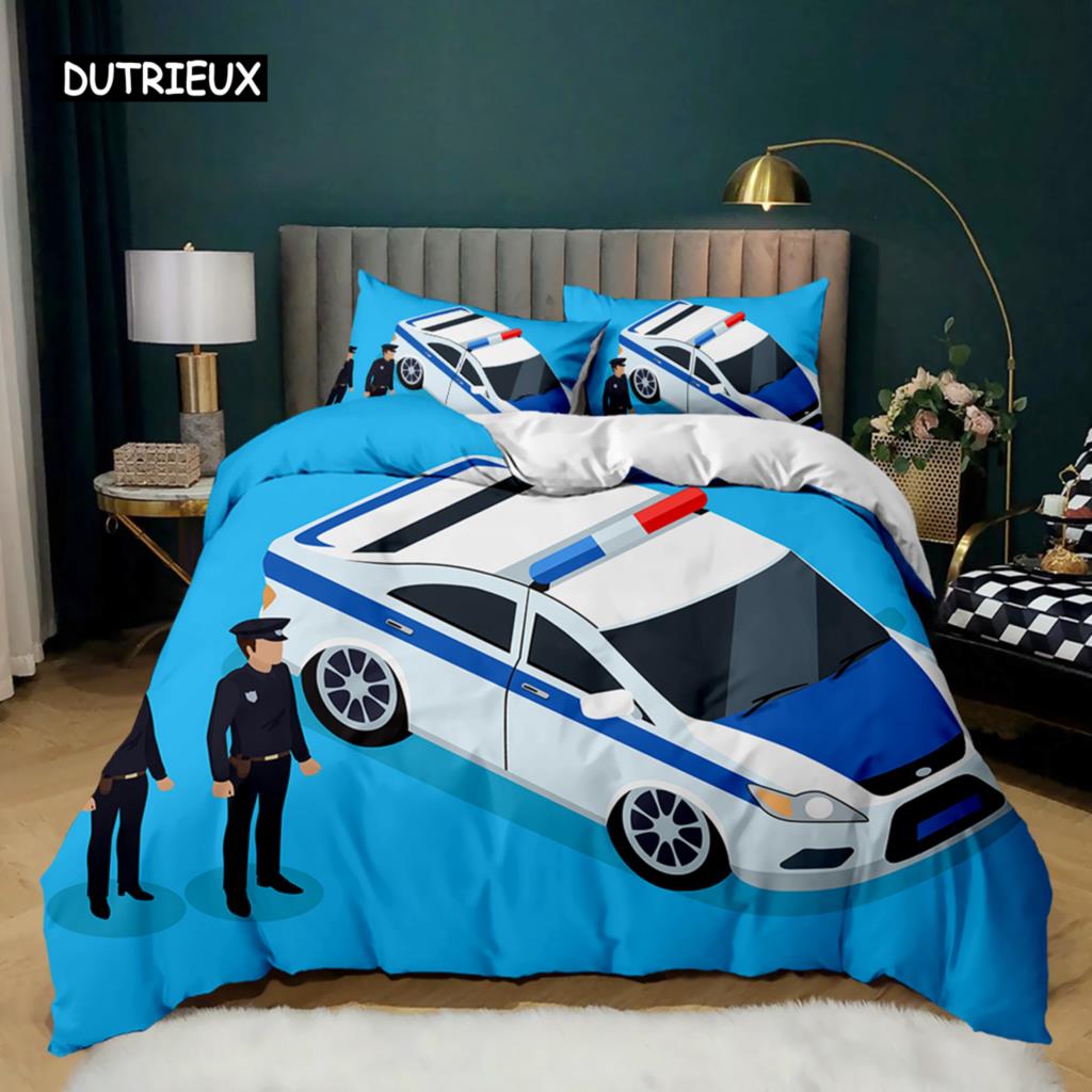 Пододеяльник с изображением полицейской машины, черный комплект постельного белья с изображением полицейской машины, чехол для одеяла с изображением мультяшного транспортного средства, красный чехол для пододеяльника с изображением полицейских огней из полиэстера
