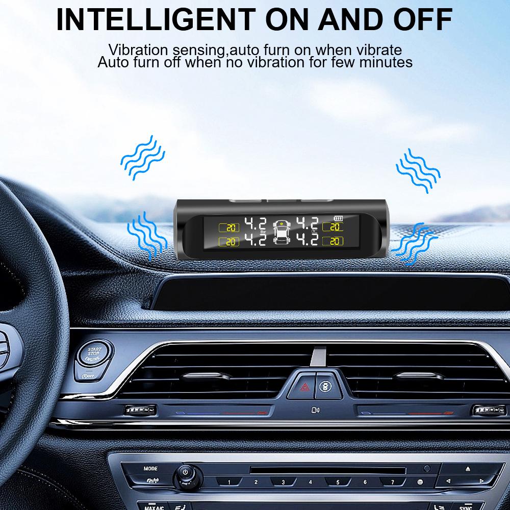 TPMS Tyre Pressure Monitoring System Solar Power LCD Display with 4 Internal/External Sensor Waterproof Temperature Warning