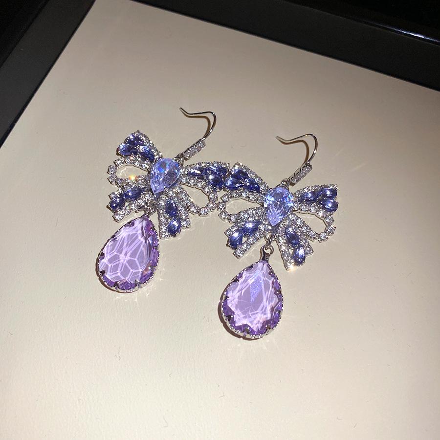 Exquisite Purple Zircon Earrings Rhinestone Women Earrings Water Drop Flower Dangle Earring Anti-allergy Ear Jewelry Brincos K0