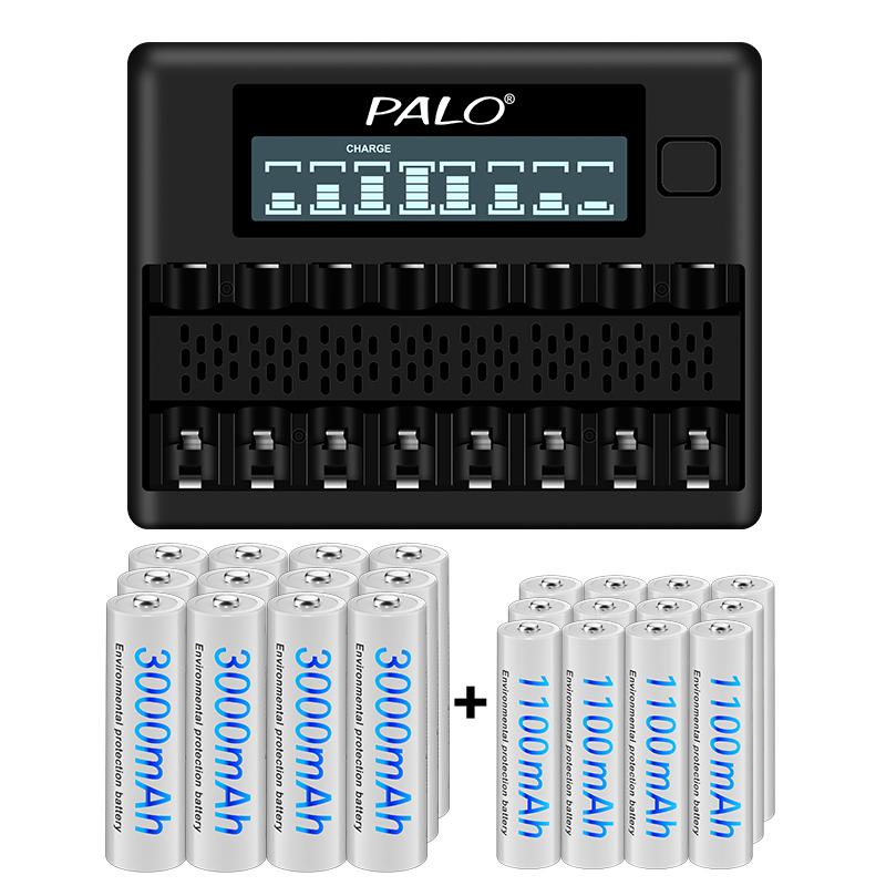 PALO Ni-MH аккумуляторная батарея 1,2 В AA, 3000 мАч + аккумуляторная батарея 1100 мАч + ЖК-дисплей, интеллектуальное зарядное устройство с 8 слотами для никель-металлогидридной аккумуляторной батареи 1,2 В AA AAA