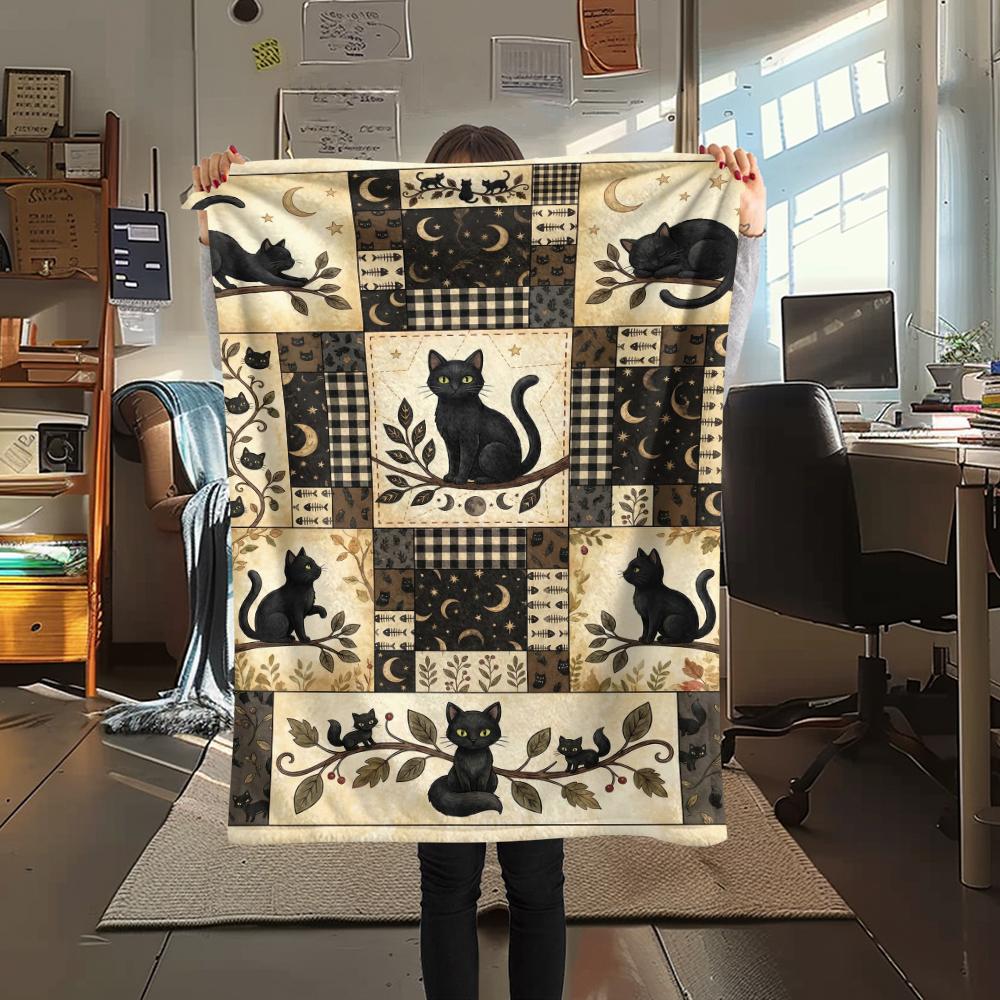 1 шт. Фланелевое одеяло с принтом кошек в стиле пэчворк, Высококачественное, Удобное для всех сезонов, Декор для дома, Тепло и уют, Идеально для рождественских подарков63
