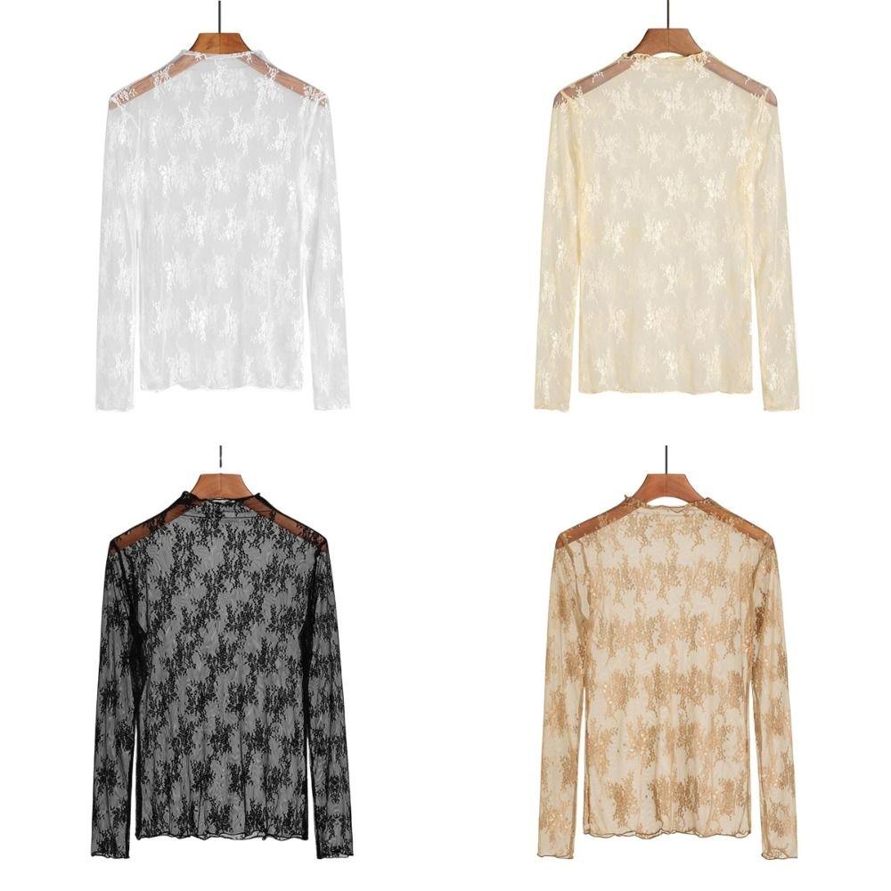 Long Sleeve Lace Bottomed Blouse Hollow Lace Floral Shirts Elegant See Through Tops Girls
