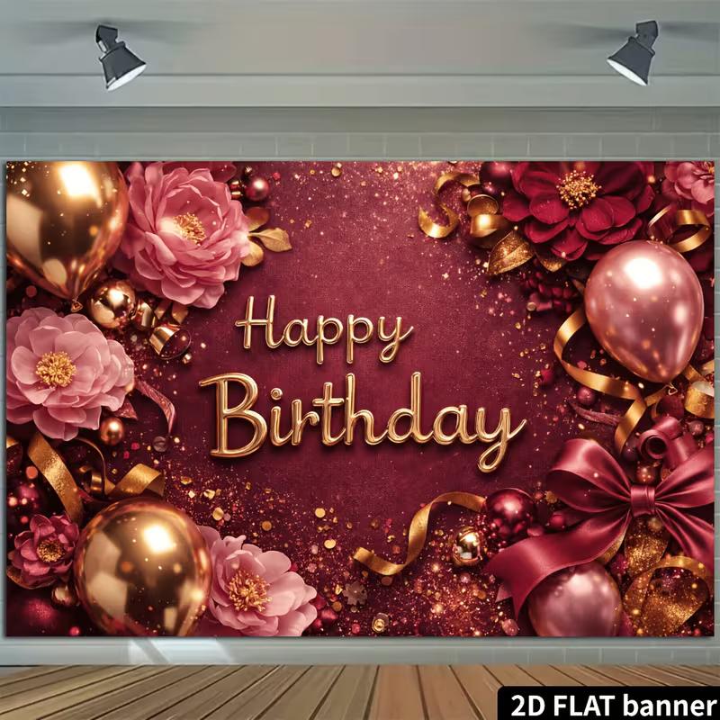 2D Luxury Burgundy Gold Birthday Backdrop Banner Floral Ribbon Party Decor Background