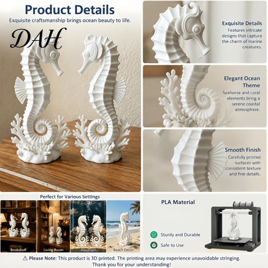 Seahorse Statue Decor 3D Printed with Coral Conch Base, Ocean Themed Art Ornament Minimalist Coastal Style for Home Desk Bookshelf and Car Dashboard