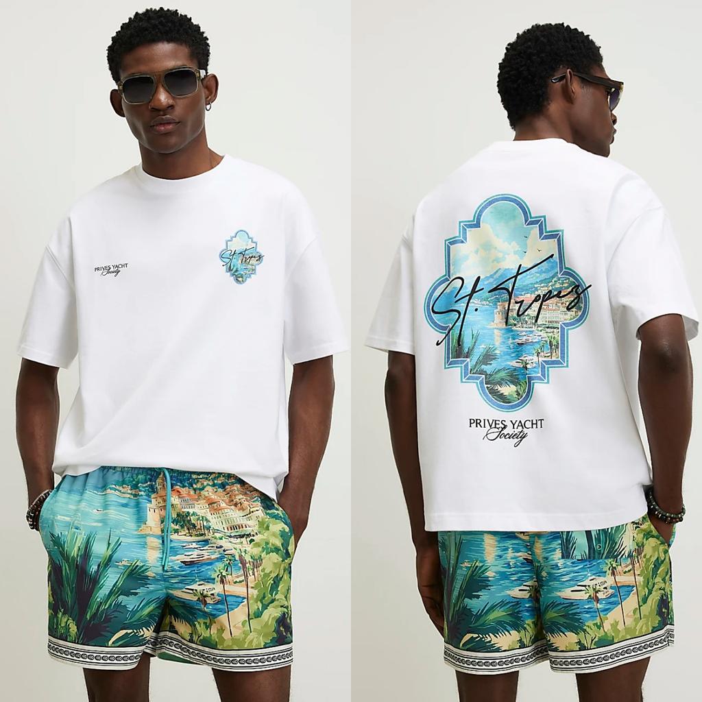 White Oversized Cotton St Tropez Tshirt Graphic Cotton Highend Luxury Unisex Style Both Of Unisex And Unisex
