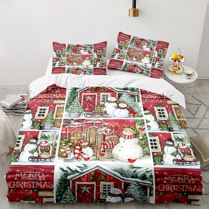 Santa Snowman Friendship Bedding Set 3pcs, High Quality Bedding Set Including 1pc Duvet Cover And 2pcs Pillowcases for Bedroom, Dormitory Gift