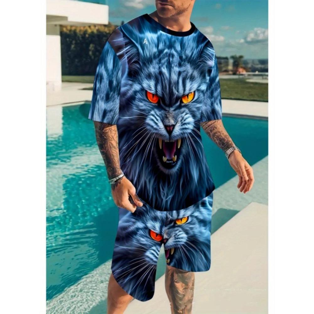 Модный Удобный Комплект из 2 предметов: Футболка с Принтом Льва с Коротким Рукавом и Шорты, Оверсайз, Свободный, Мужской, Летний