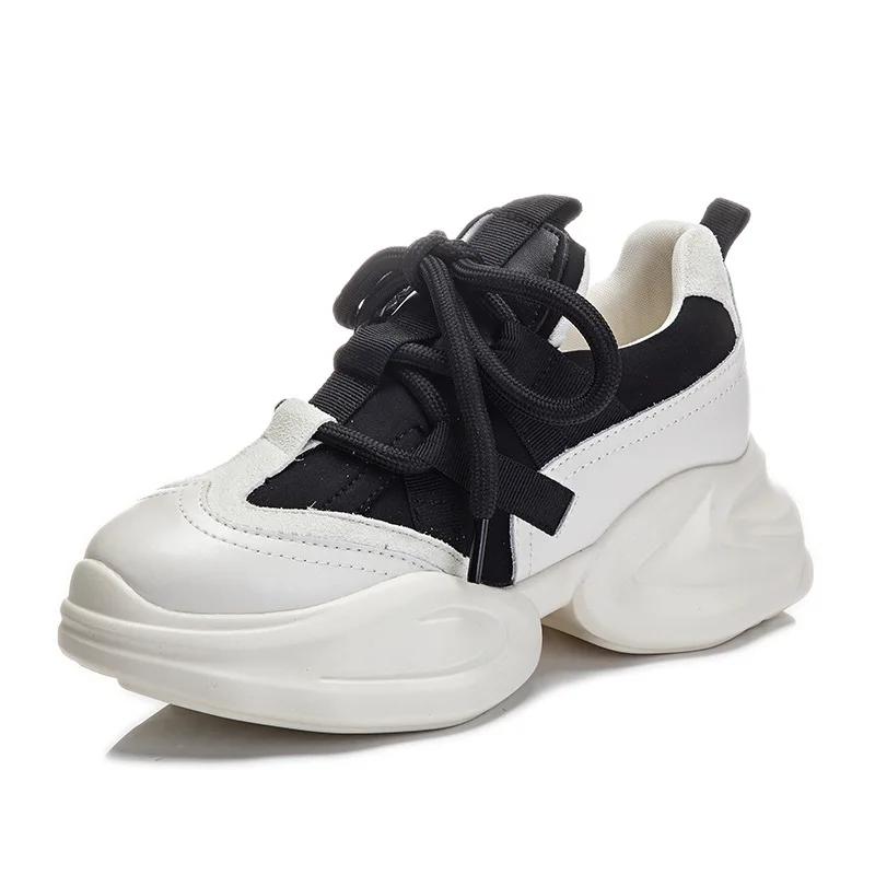 Модные 8 см Новая Натуральная Кожа Женские Летние Полые Воздушная Сетка Платформа Клиновидные Массивные Кроссовки Осень Весна Мода На шнуровке Повседневная Обувь