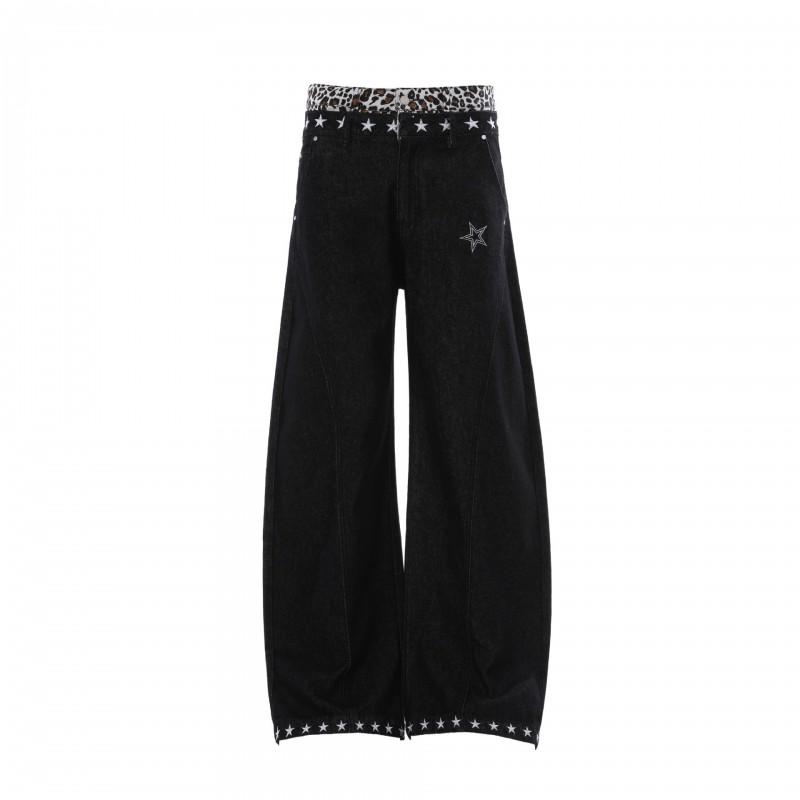 Womens High Waist Leopard Print Jeans Loose Fit Star Wide Leg Trousers Streetwear