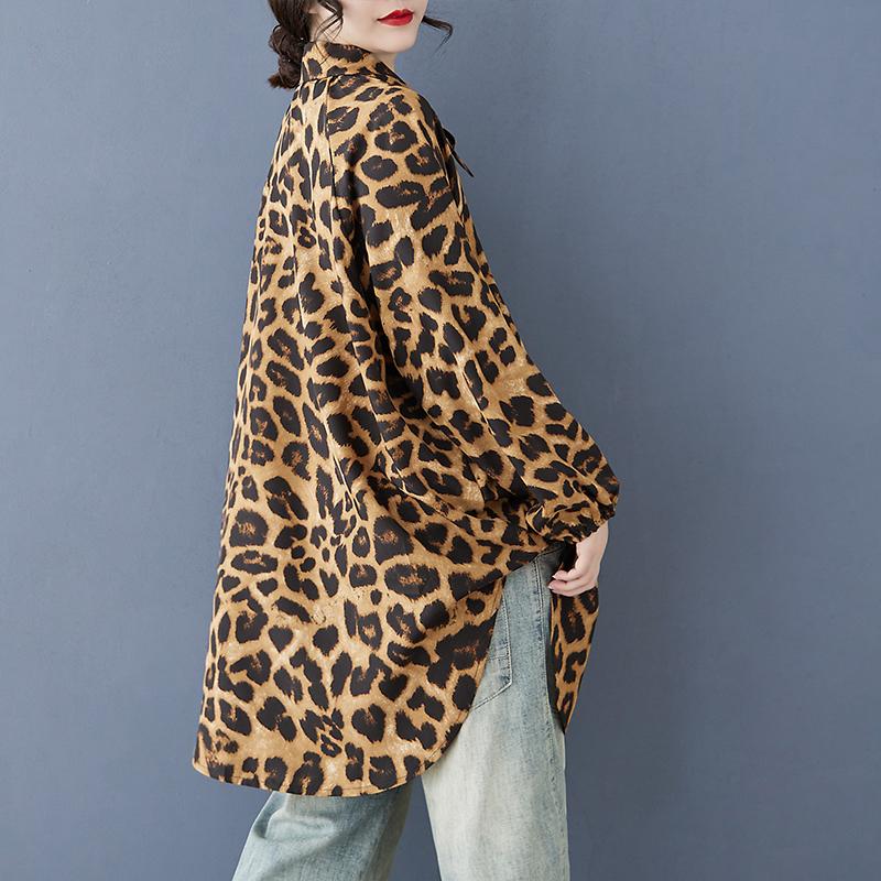 DIMANAF 2025 Женская Летняя Рубашка Блузка Большого Размера Длинный Рукав Пуговицы Мода Леопардовые Топы Футболки Свободная Новая Блузка