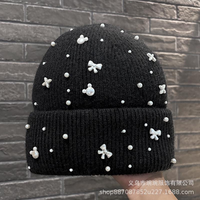 Autumn and winter new pearl bow light luxury wool hat women's big head circumference shows a small face, cold-proof ear protection knitted hat