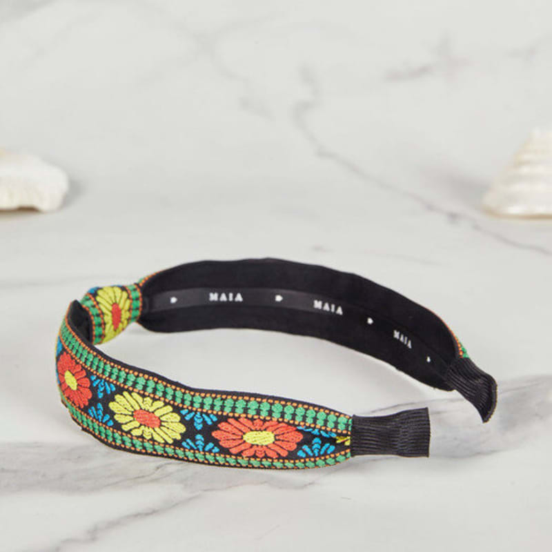 MAIA Зеленая Цветочная Жаккардовая Повязка для Волос - Узловатая Оранжево-Зеленая