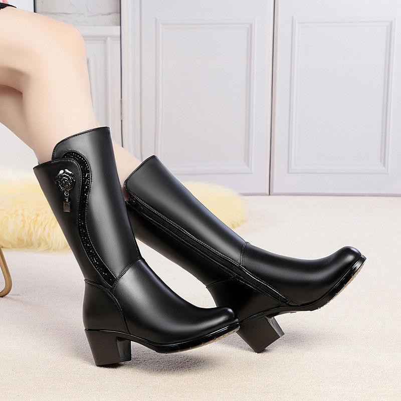 Mid Length Boots for Women's New Mother's Shoes, Cotton Shoes, Thick Heels, Middle-aged Women's Leather Boots, Women's Shoes