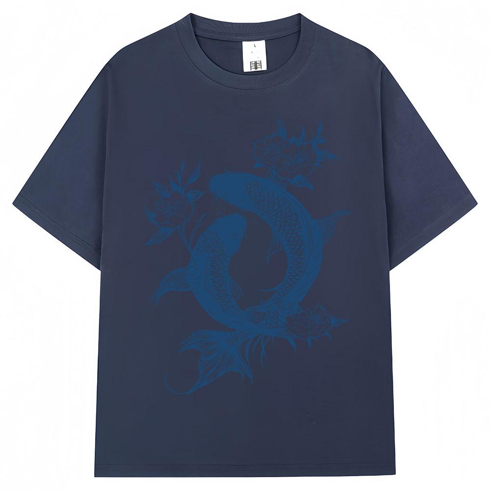 Japanese Koi Fish Tokyo Style Graphic T-shirt Fashion Vintage Summer T-shirts Oversized Cotton Casual Tees Streetwear