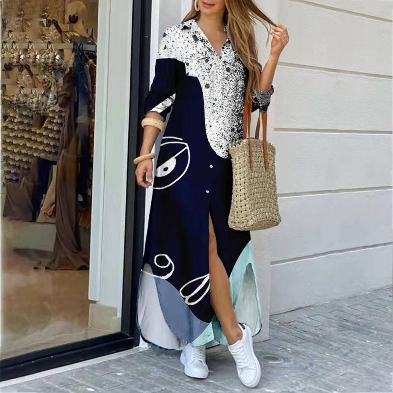 Женское летнее платье-рубашка с длинным рукавом и принтом