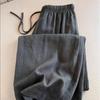 Women's Black Tencel Linen Elastic Waist Straight-Leg Casual Pants