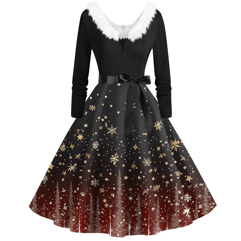 Женская мода с v-образным вырезом, повседневные тонкие рождественские платья с воротником из волос и длинными рукавами с принтом