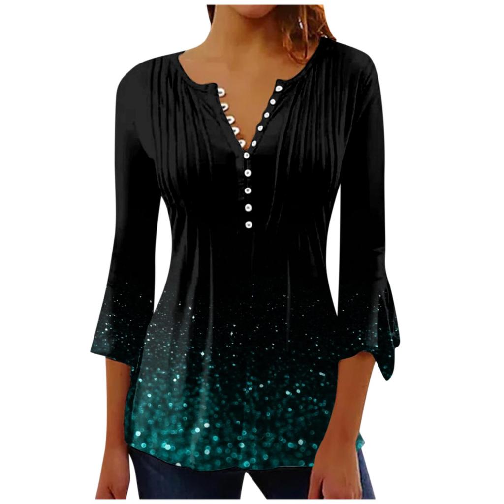Топ на пуговицах для женщин, топы с цветочным принтом, повседневный топ с рукавом колокольчиком 3/4 и V-образным вырезом