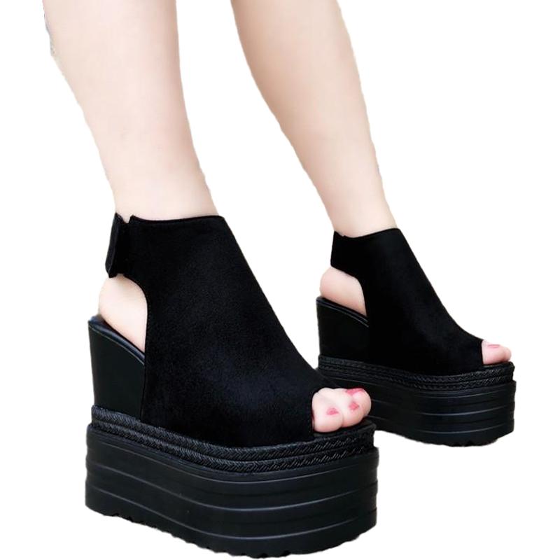 Мода 2025 лето новые корейские женские туфли с открытым носком на танкетке, женские сандалии на толстой подошве, римские туфли 13 см