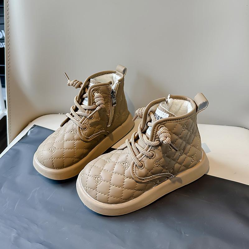 Kids Winter Thick Warm Martin Boots New Plaid PU Leather Snow Boots Boys and Girls Non-slip Plush Casual Shoes