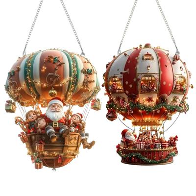 Двумерный плоский акриловый орнамент Санта на воздушном шаре Настенный орнамент Фантастическое украшение для помещения Ловящее солнечный свет Арт-подвеска Рождественский подарок